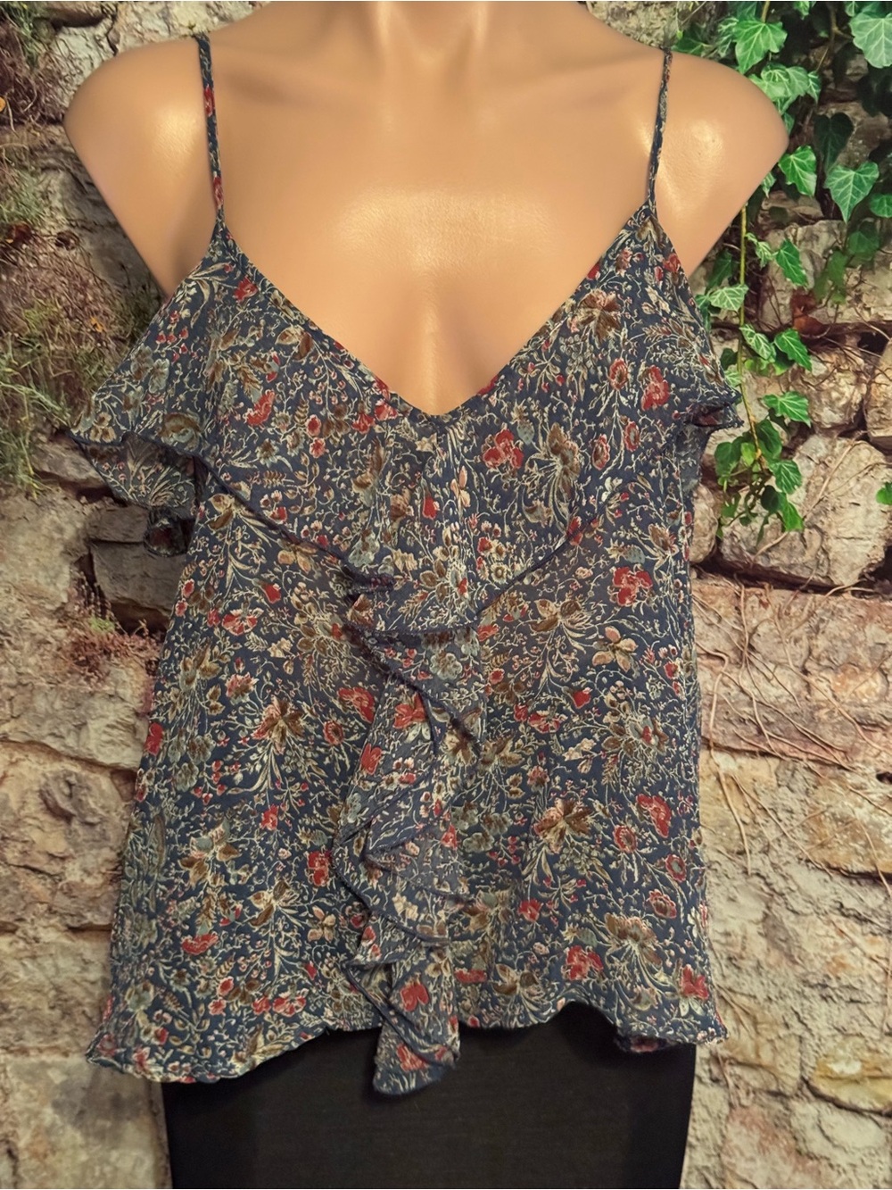 Soft & Feminine Floral Ruffle V-Neck Cami Tank Top - Blue